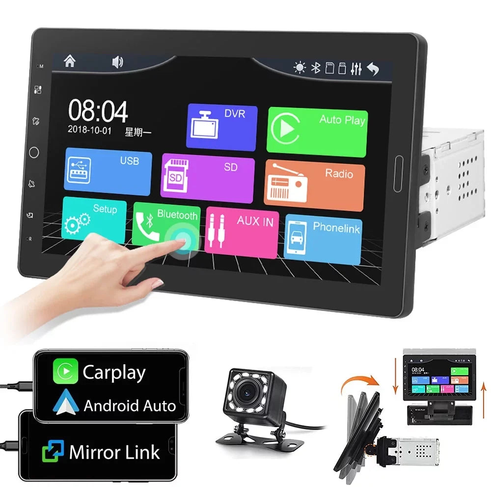 Podofo Single 1 Din 10.1'' Car Stereo Radio Apple Carplay Android Auto  Touch Screen 10 inch Car MP5 Player Bluetooth Mirror Link   Card ,with Rearview Camera