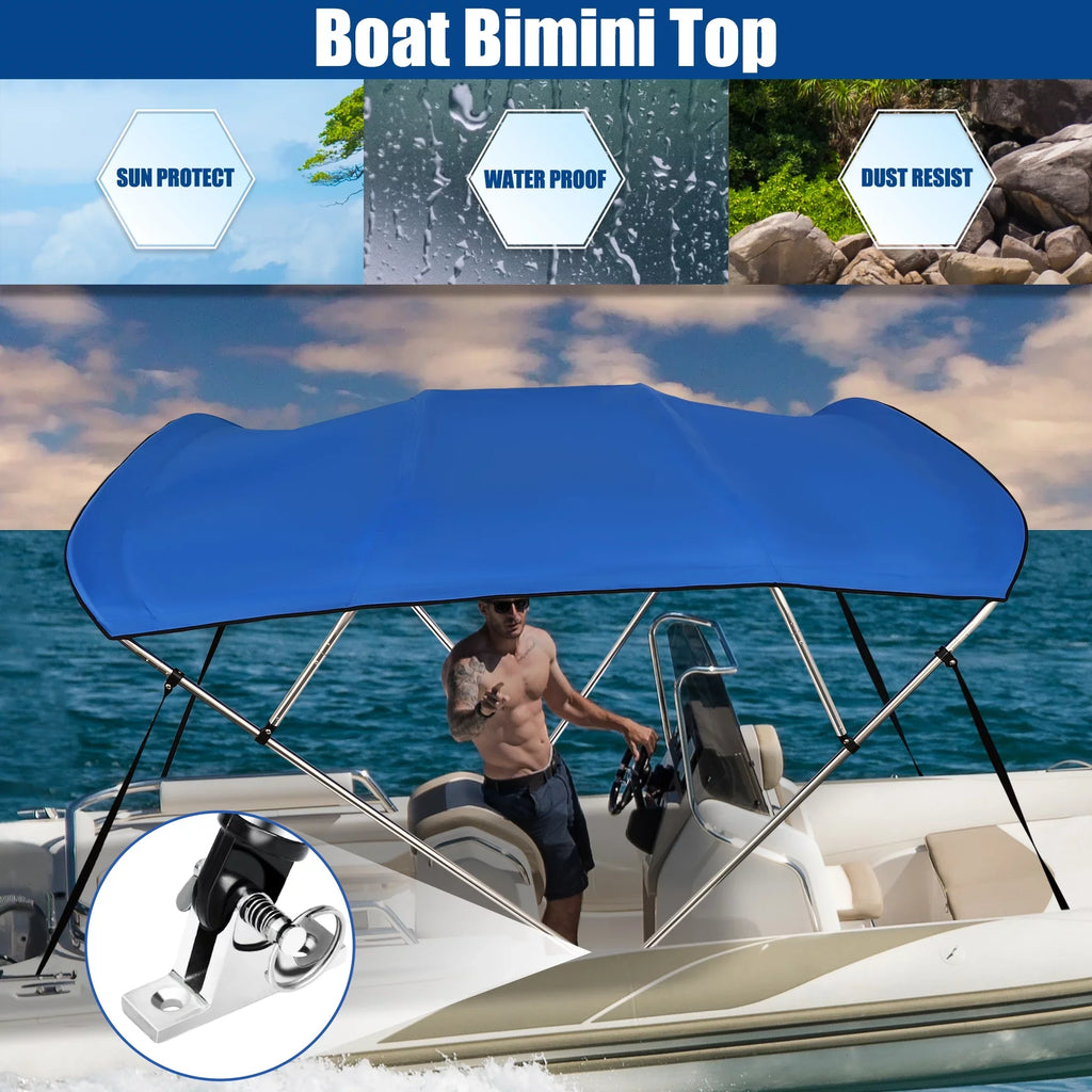 Unique Bargains 600D 4 Bow 8"Lx54"Hx79"-84"W Bimini Top Stainless Steel Deck Hinges Blue