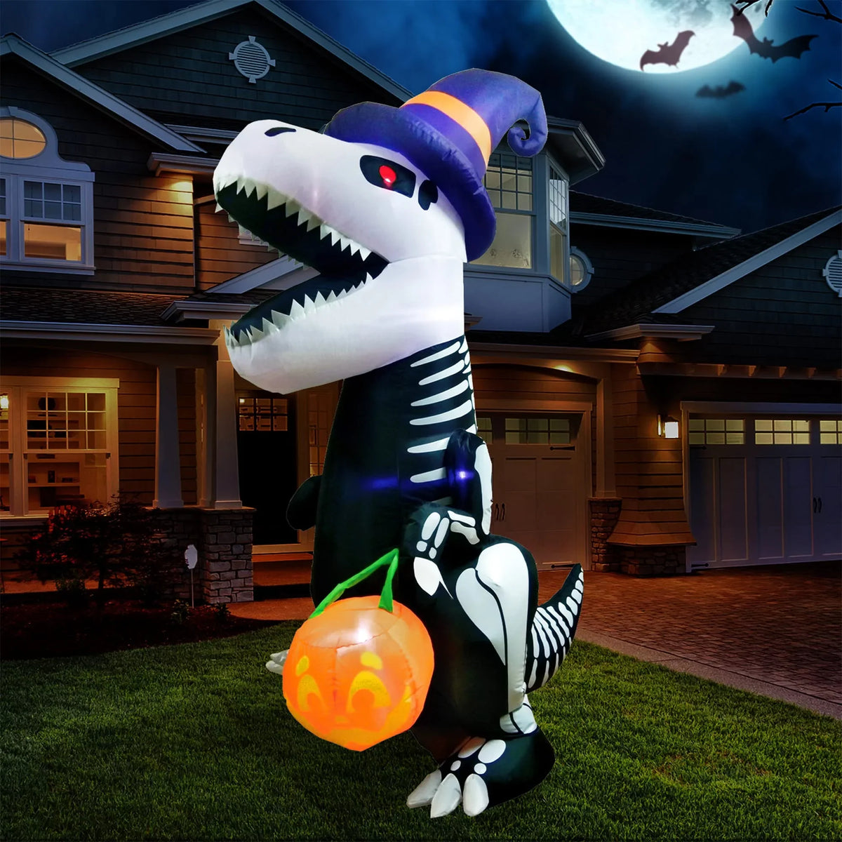 Joiedomi Halloween 8  Inflatable Skeleton Dinosaur with Build-in LEDs Blow Up Inflatables for Halloween Party Indoor, Outdoor, Yard, Garden, Lawn Decorations