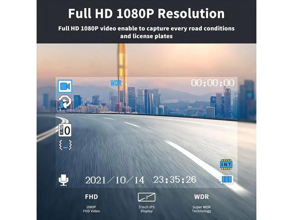 Dash Cam 1080P Full , 2 Mounting Options, On-Dashboard Camera Video Recorder Dashcam for Cars with 3"  Display, Night Vision, , Motion Detection, Parking Mode, G-Sensor, 170° Wide Angle