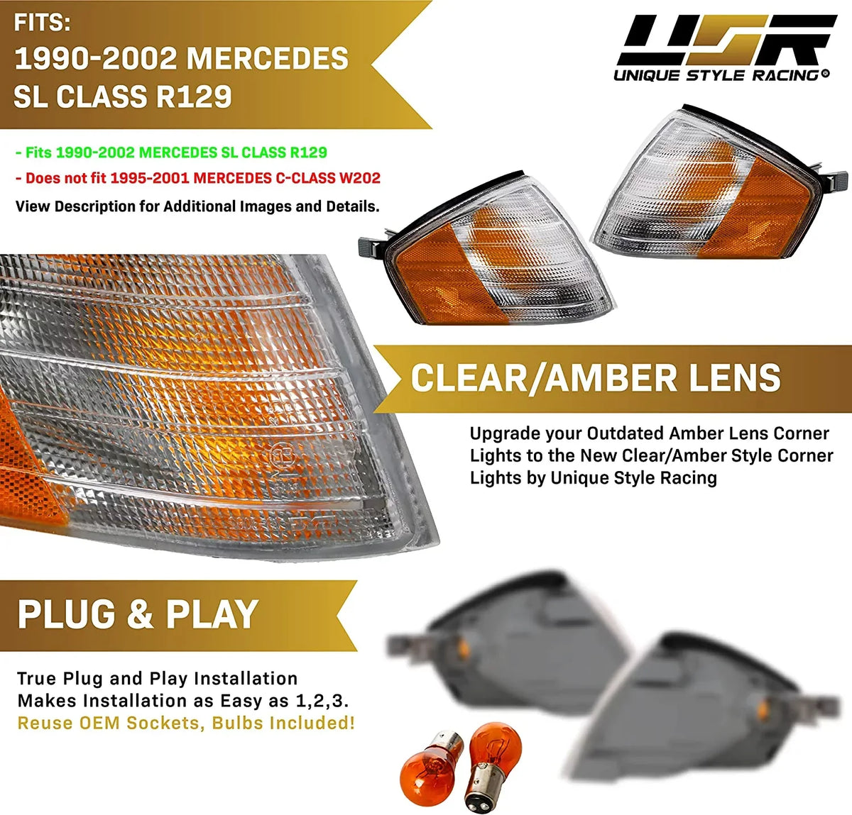 R129 Corner Lights - Replacement Amber / Clear Frost Lens Front Turn Signal Lamps Set (Left + Right) Compatible with 1990-2002 Mercedes Benz R129 Chassis  Class Roadster