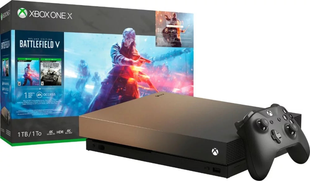 Pre-Owned Microsoft -00023 Xbox One X 1TB Gold Rush Special Edition Battlefield V Bundle Gray Gold (Refurbished: Good)