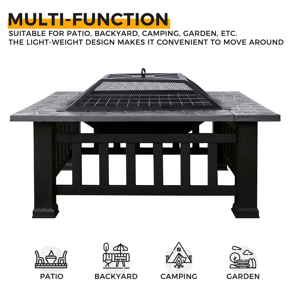 Kmowoo Multifunctional Fire Pit Table 32in 3 in 1 Metal Square Patio Firepit Table  Garden Stove with Spark Screen, Cover, Log Grate and Poker