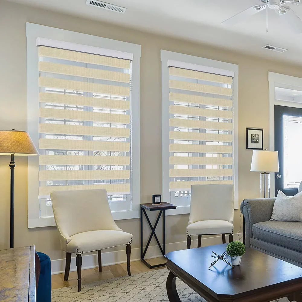 Zebra Blinds for Windows, Dual Layer Roller Sheer Shades Blinds for Day and Night, Light Control Window Treatments Shades with Valance Cover, 29" W x 72" L, Striped Beige