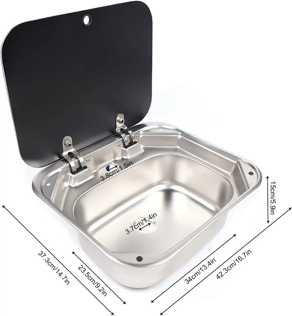 Miumaeov  Kitchen Sink Stainless Steel Hand Wash Basin Sink With Tempered Glass Lid Outdoor  Single Bowl Hand Wash Basin Sink For Caravan, Camper And Kitchen