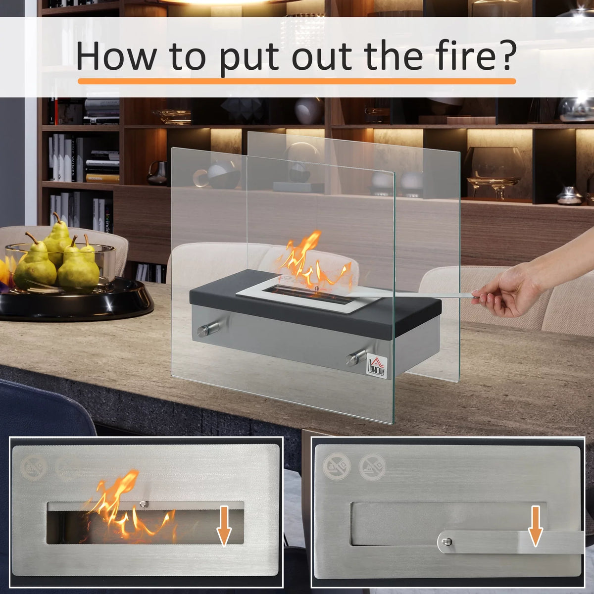 Ethanol Fireplace, 18.5" Tabletop 0.39 Gal Stainless Steel 269 Sq. Ft., Burns up to 3 Hours, Black