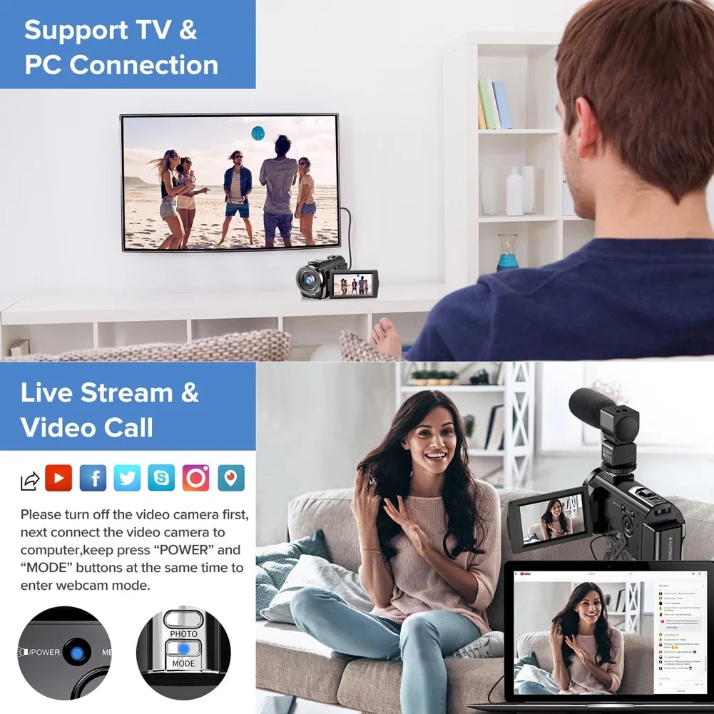 Video Camera Camcorder YouTube Vlogging Camera  1080P 30FPS 24MP 16X Digital Zoom 3"  270 Degrees Rotatable Screen Digital Camera Recorder with Microphone,Remote Control,2 Batteries