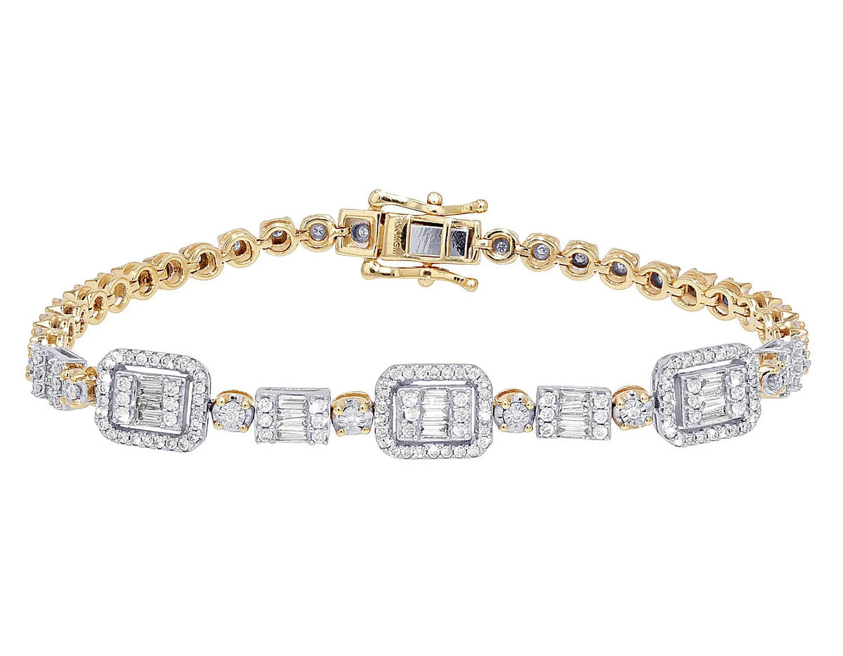 Baguette Cluster Halo 1.30  Diamond Illusion n Toni Set Bracelet Yellow-White Gold 3MM 7"
