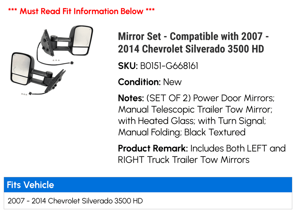 Mirror Set - Compatible with 2007 - 2014 Chevy Silverado 3500  2008 2009 2010 2011 2012 2013