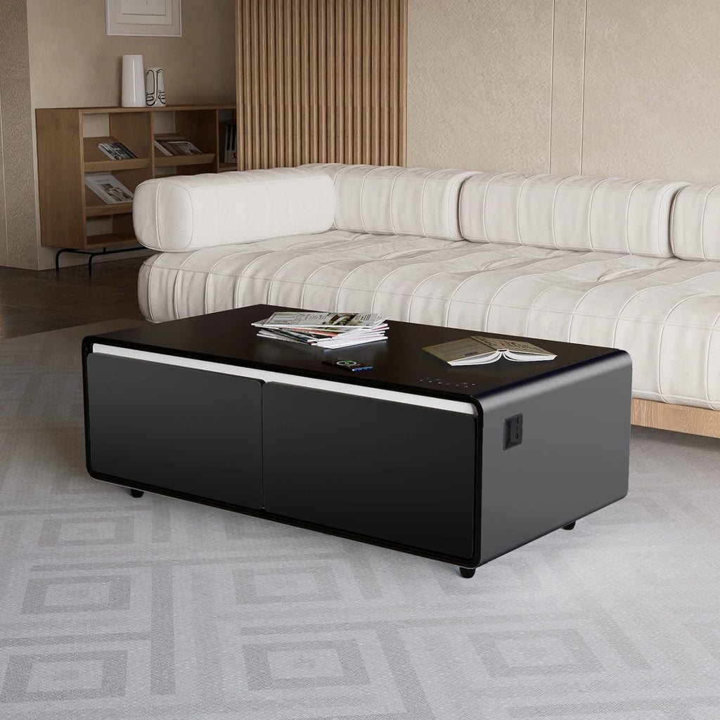 Modern Smart Coffee Table with Built-in Fridge, Bluetooth Speaker, Wireless Charging Module, Touch Control Panel, Power Socket,  Interface, Outlet Protection, Atmosphere light, Black
