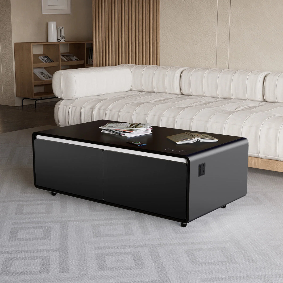 Modern Smart Coffee Table with Built-in Fridge, Bluetooth Speaker, Wireless Charging Module, Touch Control Panel, Power Socket,  Interface, Outlet Protection, Atmosphere light, Black
