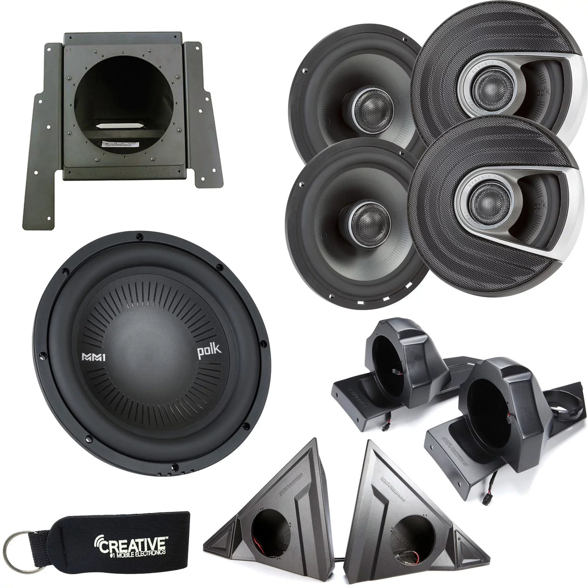 Works For Polaris Slingshot - Front & Rear Speaker Pods with Polk MM652 Speakers & Sub Enclosure with MM1042SVC Sub