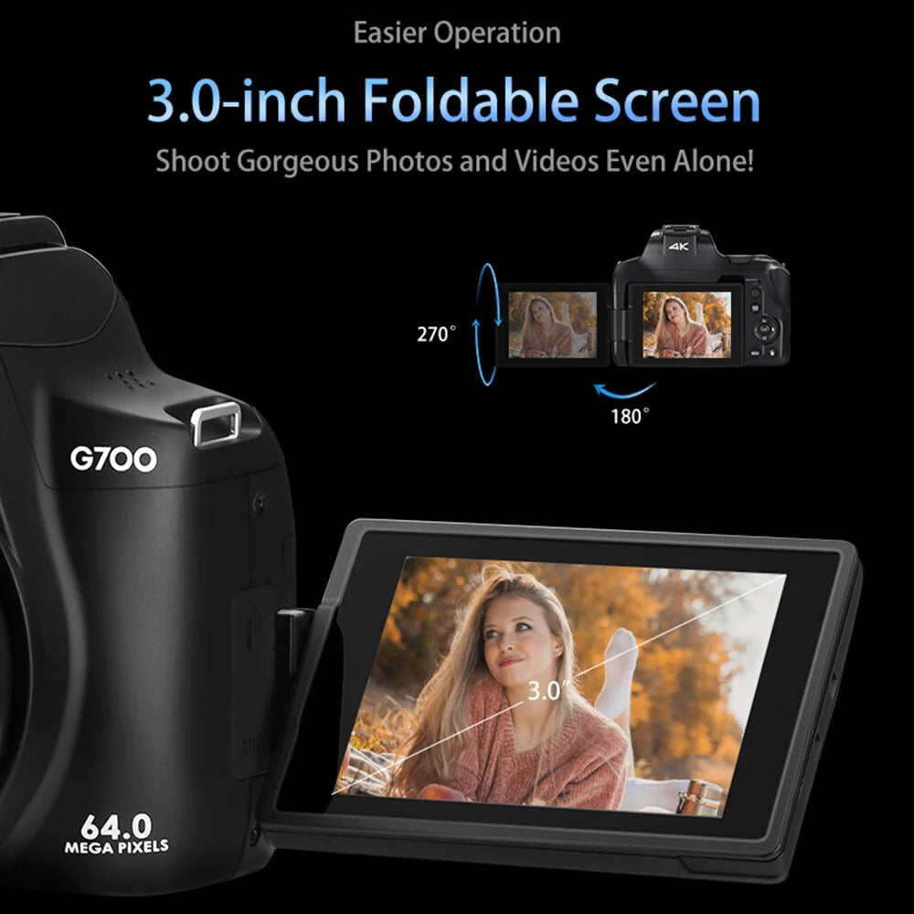 G700 4K Digital Camera WiFi Digital Video Camera Camcorder 64MP 3.0 Inch  Screen 12X Optical Zoom Auto/Manual Focus Built-in Flash Battery Electronic Stabilization with Strap for Vlogging