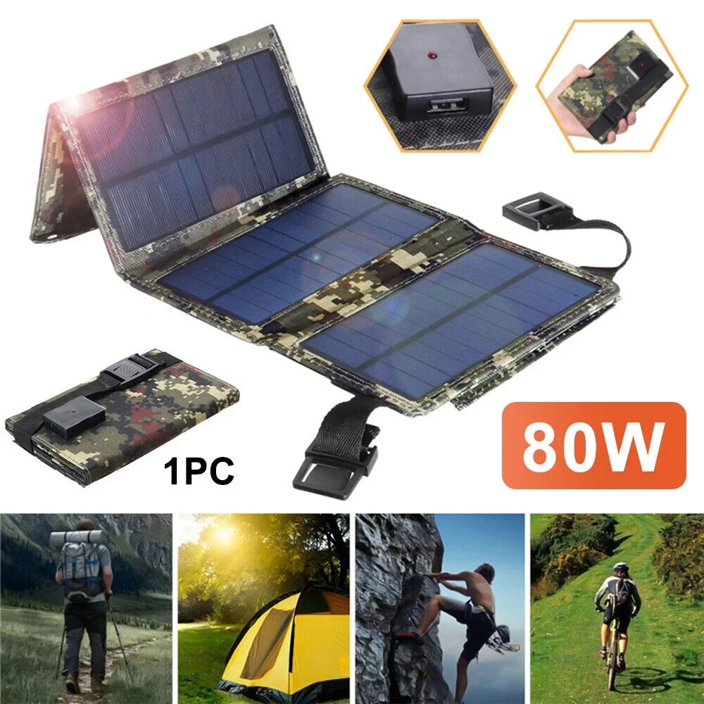 80W  Solar Panel Folding Power Bank Outdoor Camping Hiking Phone Charger