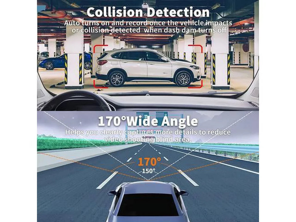 Dash Cam 1080P Full , 2 Mounting Options, On-Dashboard Camera Video Recorder Dashcam for Cars with 3"  Display, Night Vision, , Motion Detection, Parking Mode, G-Sensor, 170° Wide Angle