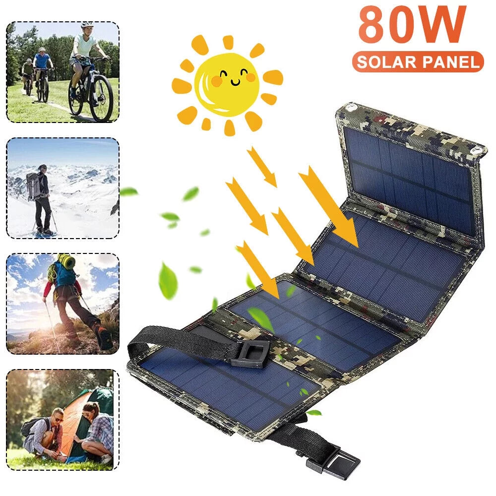 80W  Solar Panel Folding Power Bank Outdoor Camping Hiking Phone Charger