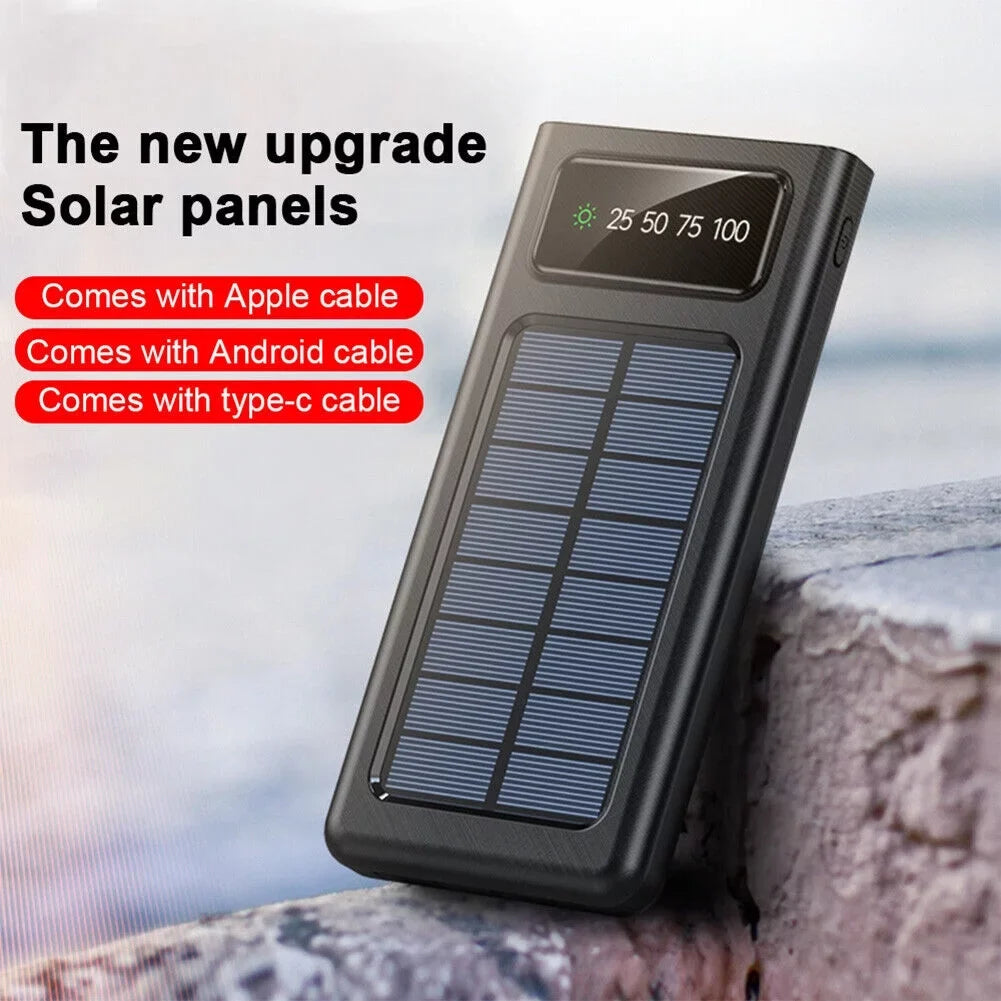 Solar Power Bank 20000Mah Built In 4 Cables Portable Charger W Dual  Flash
