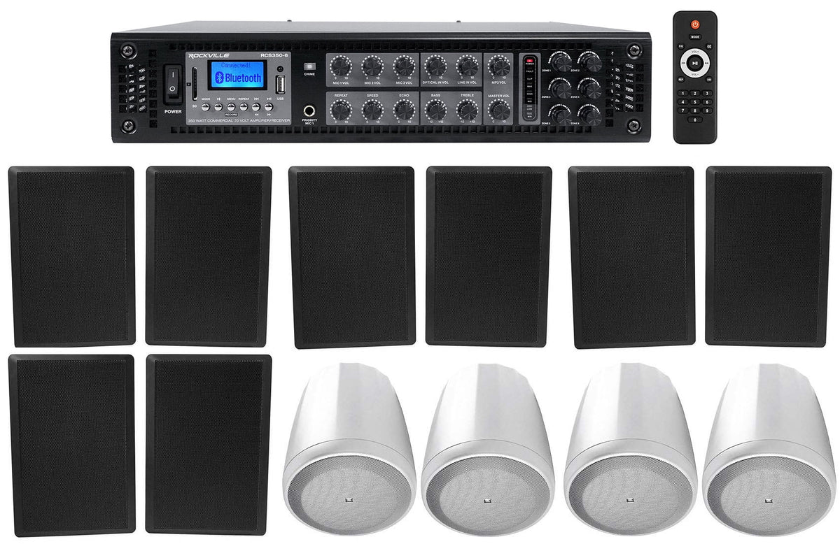 6-Zone Amp+4  White Pendant+8 Slim Black Wall Speakers 4 Restaurant/Bar/Cafe