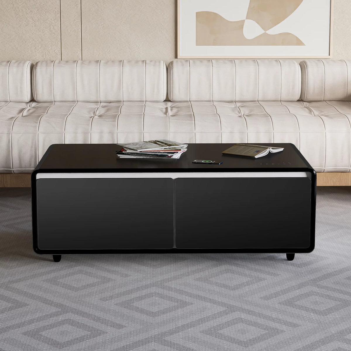 Modern Smart Coffee Table with Built-in Fridge, Bluetooth Speaker, Wireless Charging Module, Touch Control Panel, Power Socket,  Interface, Outlet Protection, Atmosphere light, Black