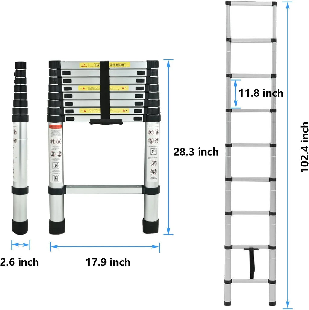 Telescoping Ladder, 8.5  Aluminum Extension Ladder Step Ladders Loft Ladder Attic Ladder Collapsible Ladders for Home, Multi-Purpose Telescopic Compact Ladder for Roof, 330 Pound , EN131