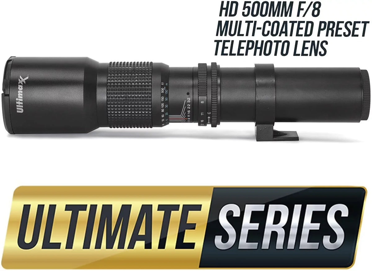 Ultimaxx 500mm/1000mm f/8 Multi-Coated Preset Telephoto Lens Includes Ultimaxx 2.0X Tele-Converter + T-Mount Adapter for Canon  Mount & Microfiber Cleaning Cloth - Compatible with / Cameras