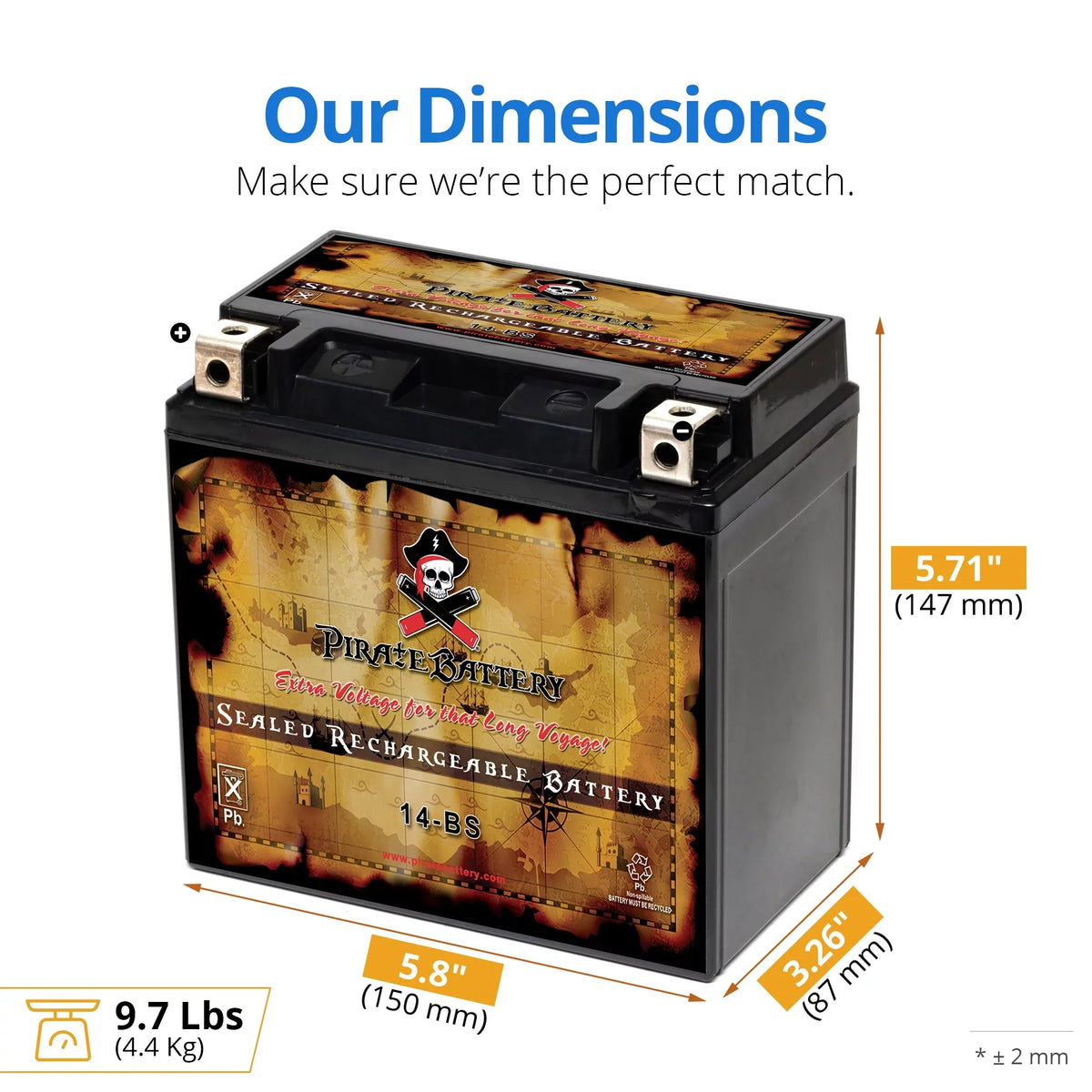 Pirate Battery YTX14- (14- 12 Volt,12 Ah, 200 ) Motorcycle Battery for Kawasaki 800cc Vn800-a, B, C, E Vulcan, Classic, Drifter 1995