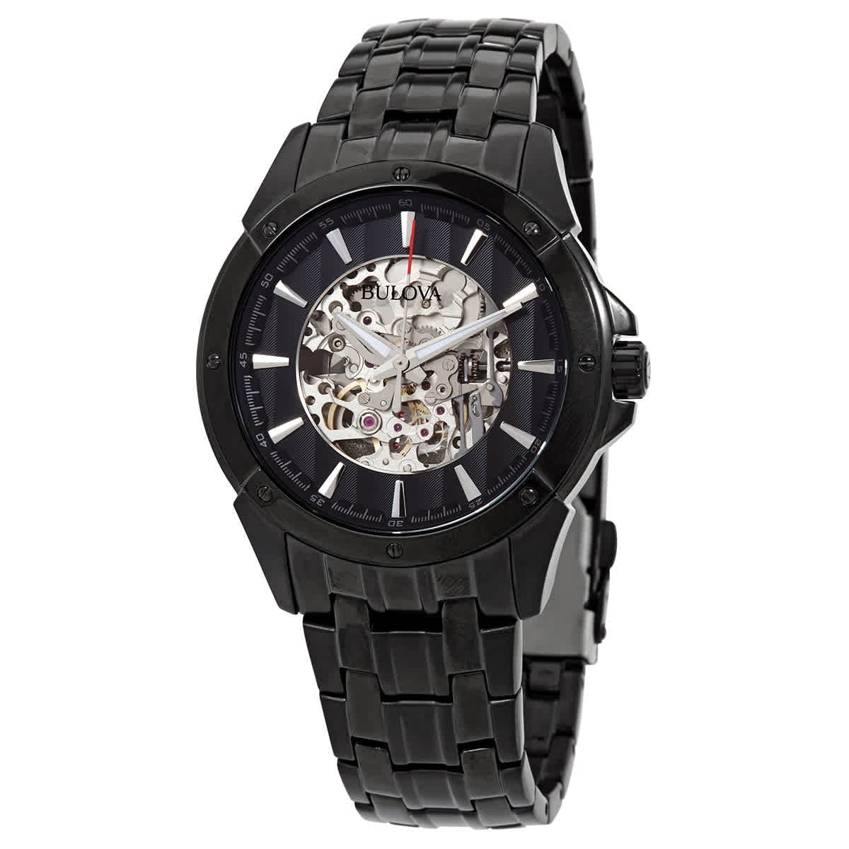Men's Black and Silver Skeleton Dial Black  Steel Bracelet Automatic Watch 98A147