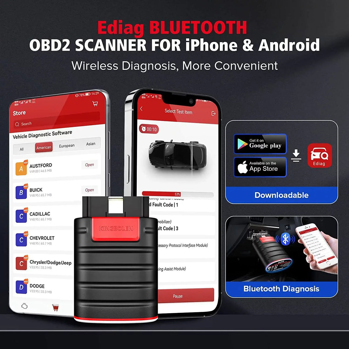 Ediag OBD2 Scanner Bluetooth for iPhone & Android, All Systems Bidirectional Diagnostic Tool with  Coding, 15+ Reset Functions, All Software 1 Year Free