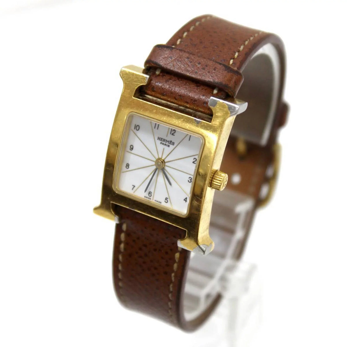 Pre-Owned  Hermes H Watch Ladies Quartz Gold x Brown Dial: White HH1.201 □G (Good)