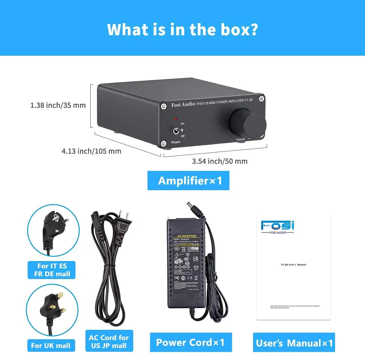 Fosi Audio V1.0B 2 Channel Amplifier Stereo Audio Amp Mini Hi-Fi Class D Integrated TPA3116 Amp for Home Speakers 50W x 2 with 19V 4.74A Power Supply