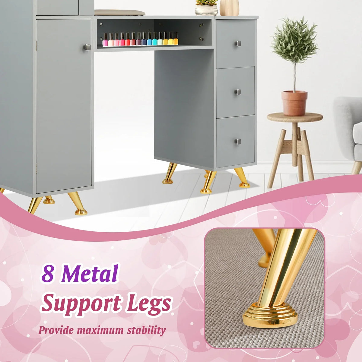 Manicure Table Nail Desk for Technician w/Wrist Rest & Plastic Table Mat, Acetone Resistant Nail Table Station w/Large Capacity Storage Space, for Home Spa Beauty Salon - Grey