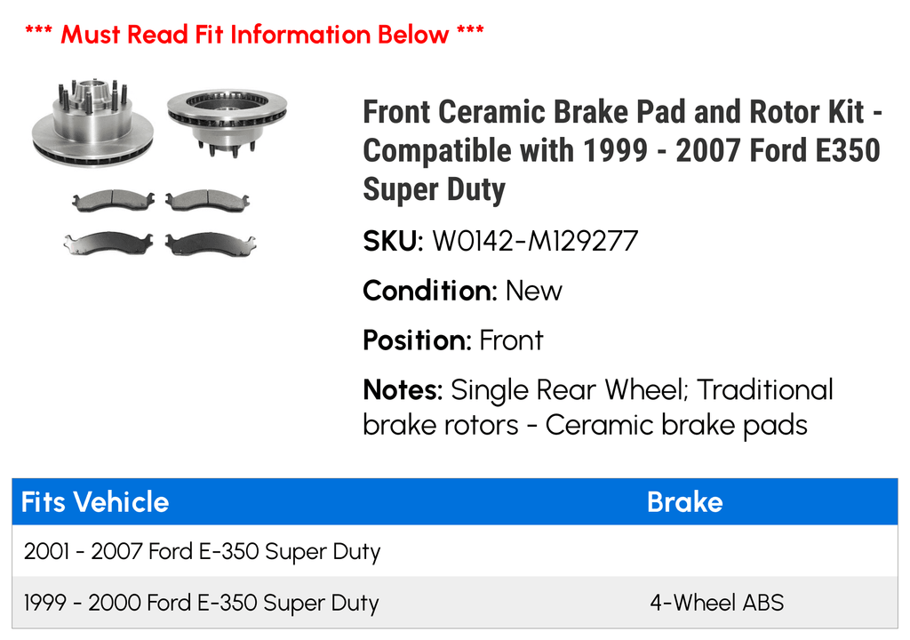 Front Ceramic Brake Pad and Rotor Kit - Compatible with 1999 - 2007 Ford E350 Super Duty 2000 2001 2002 2003 2004 2005 2006