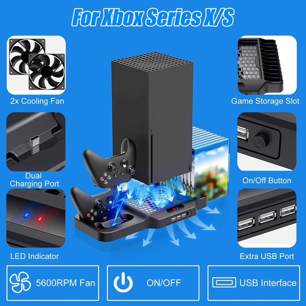 Vertical Stand Fit for Xbox Series X/S with 2 Cooling Fans, EEEkit Dual Controller Fast Charging Dock Station Fit for Xbox Series S/X with 3  Ports, 11 Game Disc Slots