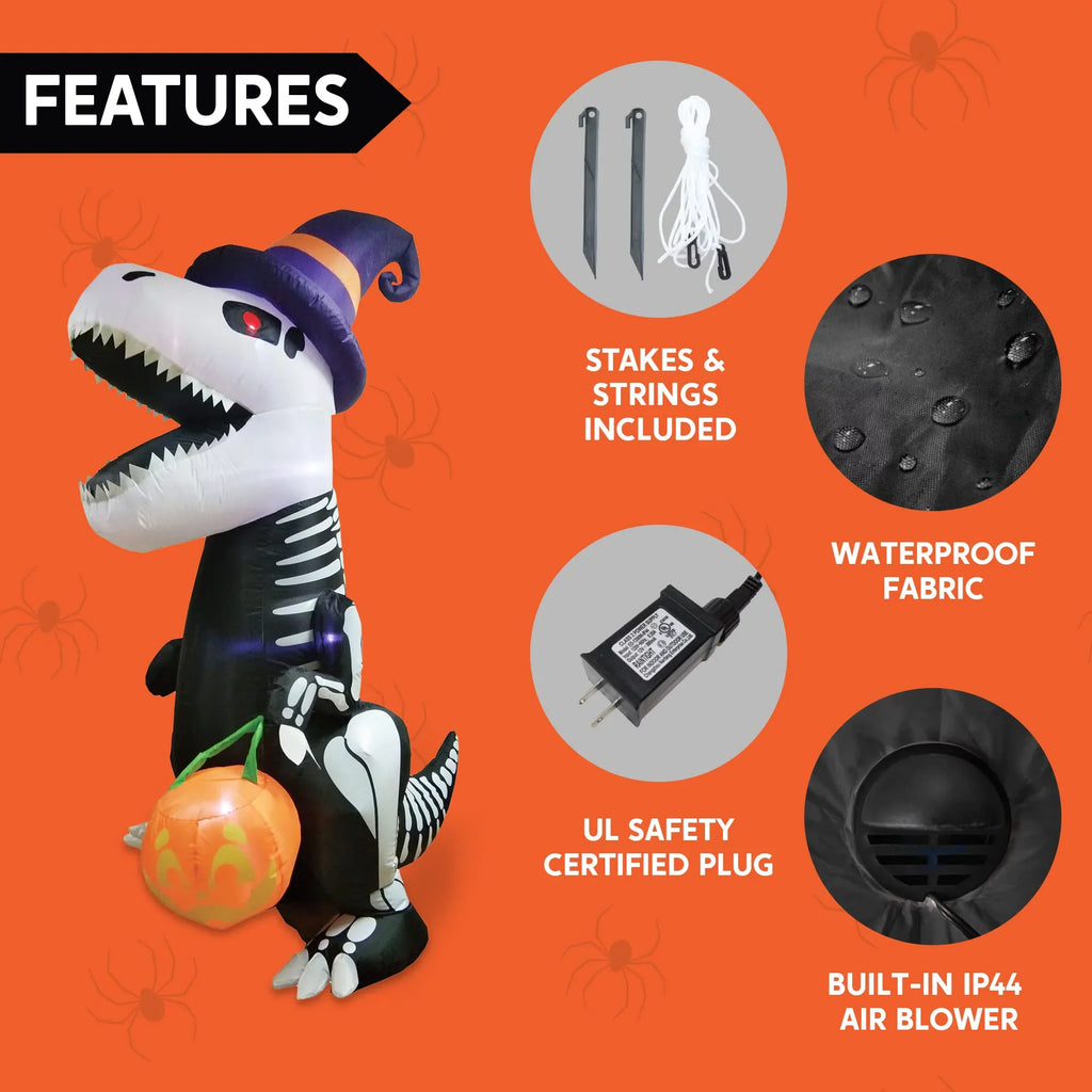 Joiedomi Halloween 8  Inflatable Skeleton Dinosaur with Build-in LEDs Blow Up Inflatables for Halloween Party Indoor, Outdoor, Yard, Garden, Lawn Decorations