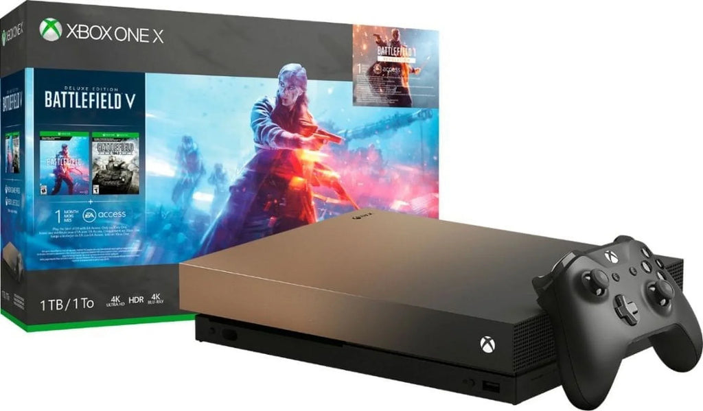 Pre-Owned Microsoft -00023 Xbox One X 1TB Gold Rush Special Edition Battlefield V Bundle Gray Gold (Refurbished: Good)