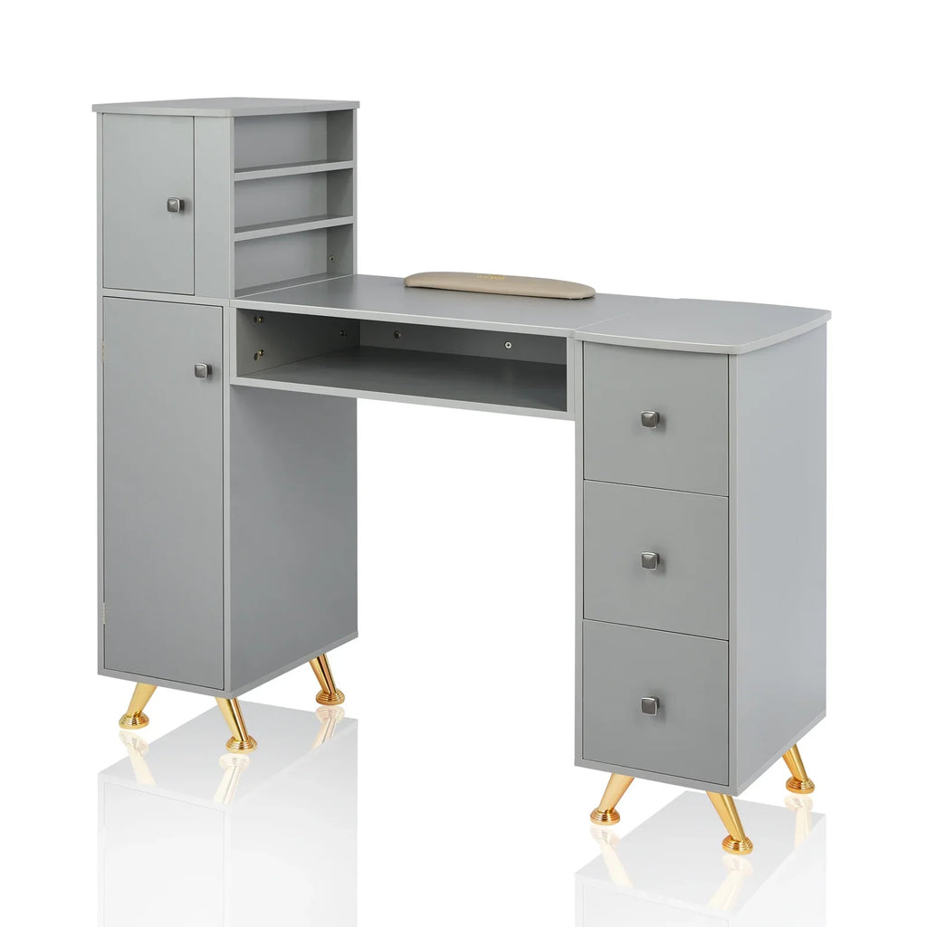 Manicure Table Nail Desk for Technician w/Wrist Rest & Plastic Table Mat, Acetone Resistant Nail Table Station w/Large Capacity Storage Space, for Home Spa Beauty Salon - Grey