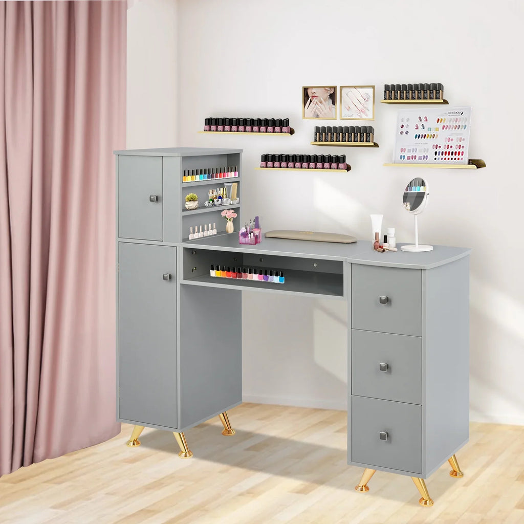 Manicure Table Nail Desk for Technician w/Wrist Rest & Plastic Table Mat, Acetone Resistant Nail Table Station w/Large Capacity Storage Space, for Home Spa Beauty Salon - Grey