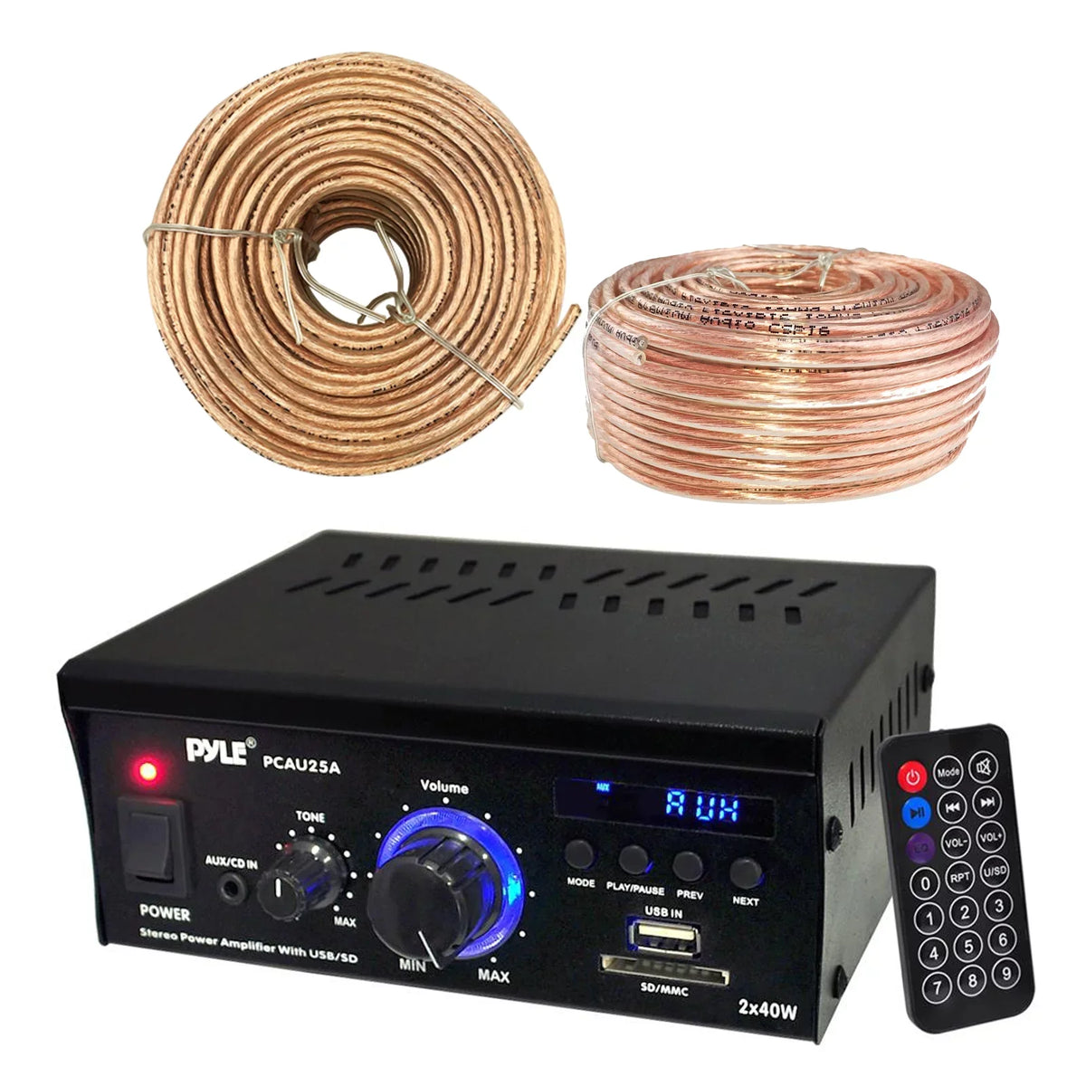 Pyle PCAU25A Amplifier Receiver with / Readers   Inputs &  Display, Enrock Audio 18  Gauge 100 Feet Speaker Wire Cable