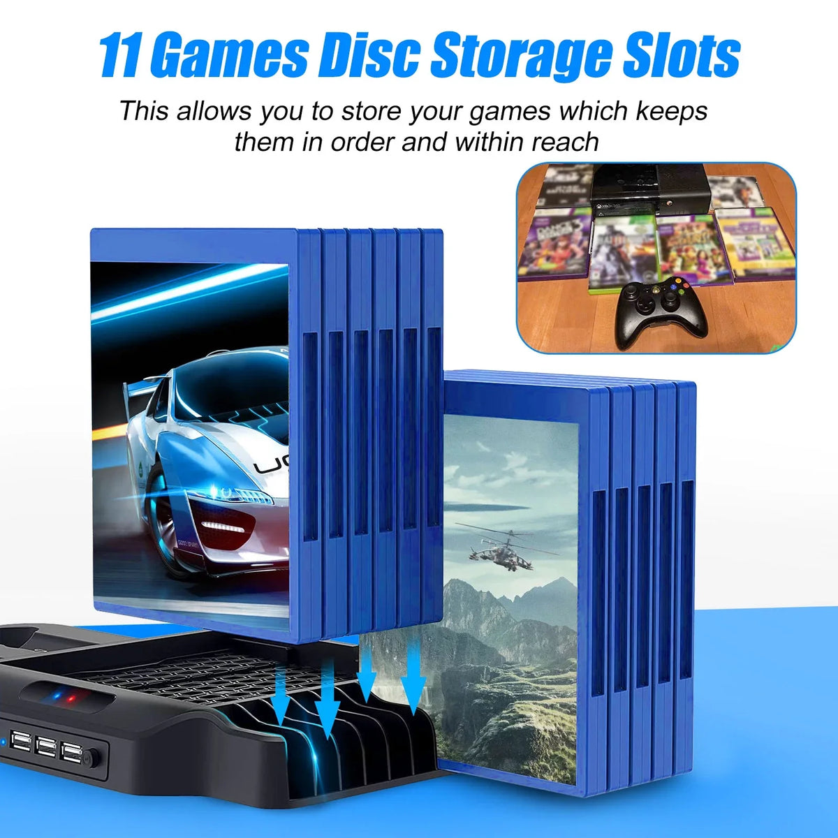 Vertical Stand Fit for Xbox Series X/S with 2 Cooling Fans, EEEkit Dual Controller Fast Charging Dock Station Fit for Xbox Series S/X with 3  Ports, 11 Game Disc Slots