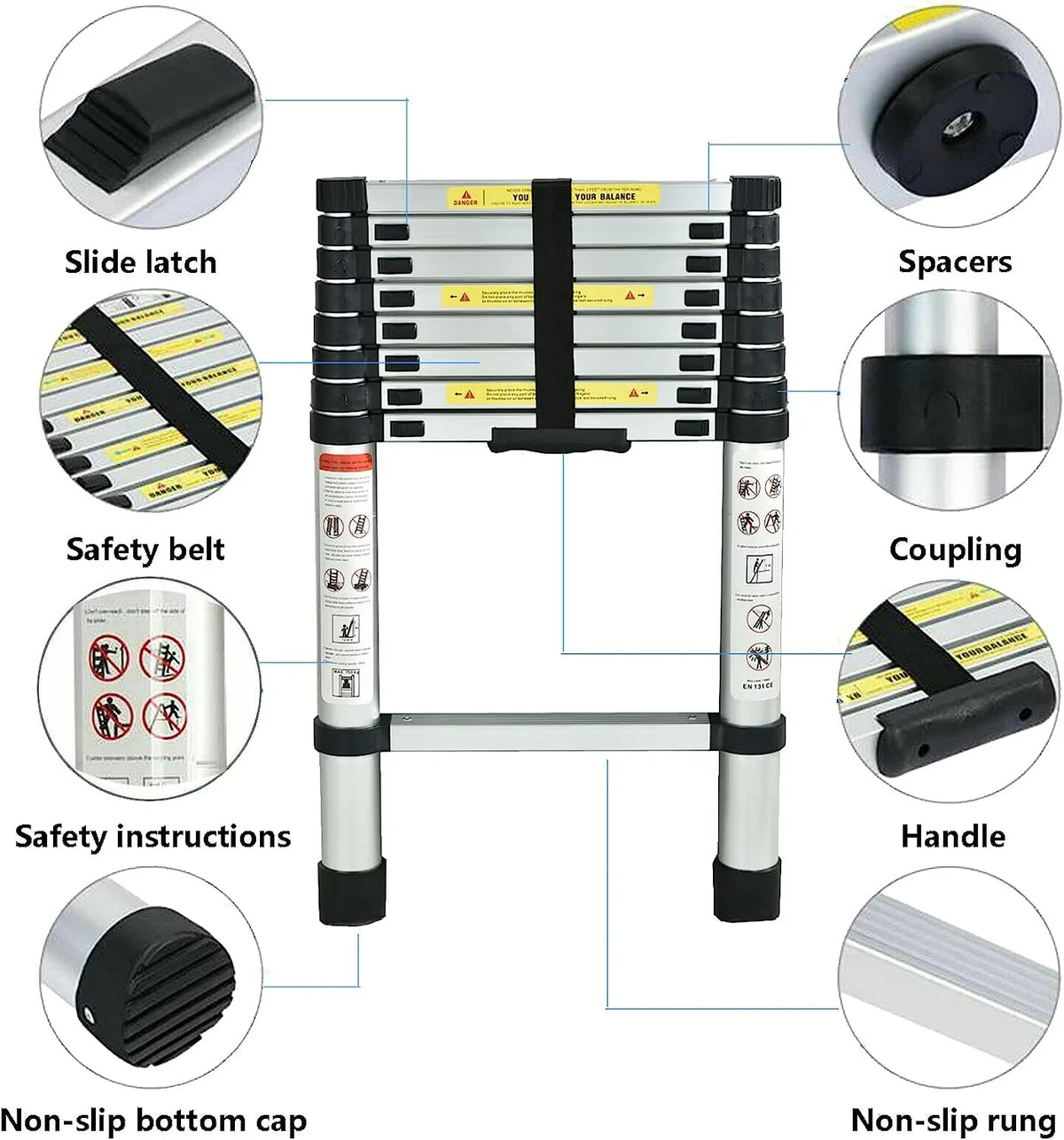 Telescoping Ladder, 8.5  Aluminum Extension Ladder Step Ladders Loft Ladder Attic Ladder Collapsible Ladders for Home, Multi-Purpose Telescopic Compact Ladder for Roof, 330 Pound , EN131