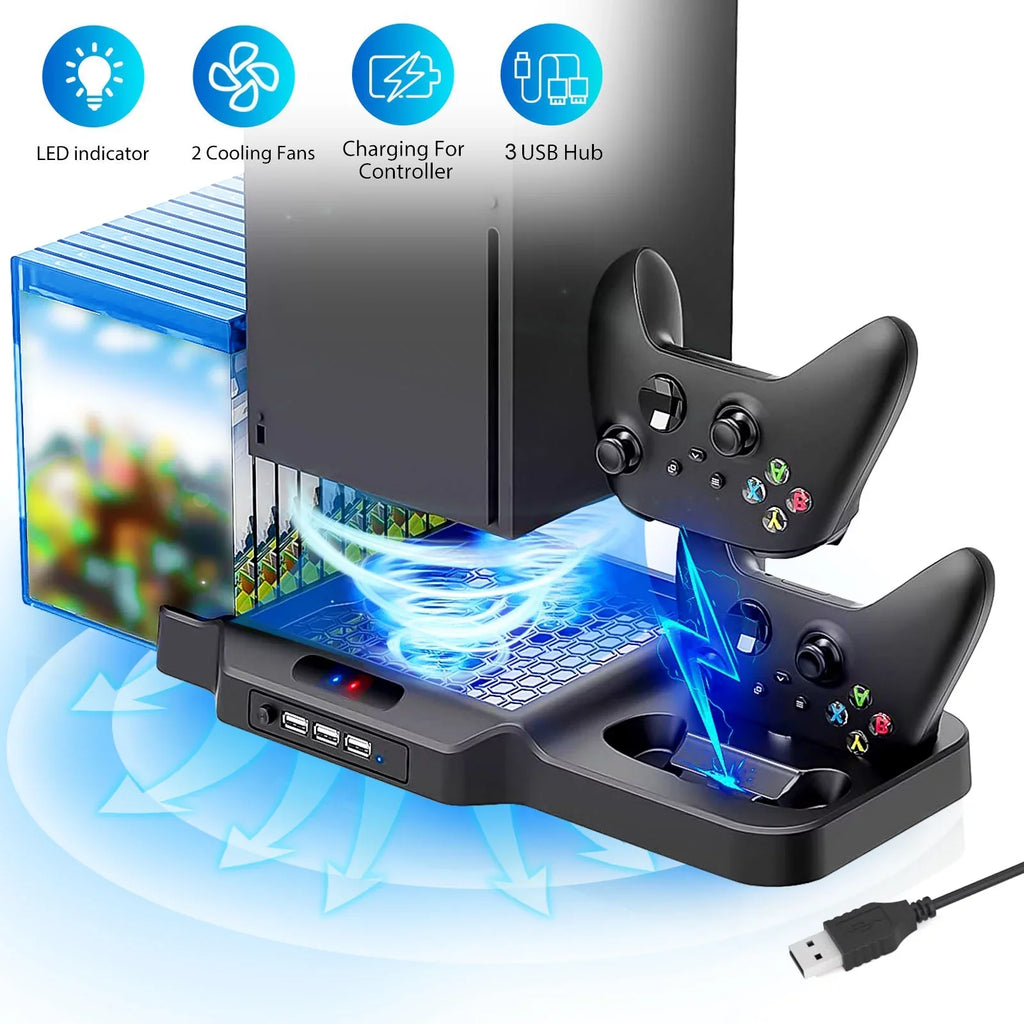 Vertical Stand Fit for Xbox Series X/S with 2 Cooling Fans, EEEkit Dual Controller Fast Charging Dock Station Fit for Xbox Series S/X with 3  Ports, 11 Game Disc Slots