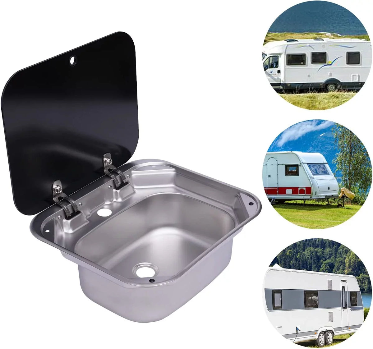 Miumaeov  Kitchen Sink Stainless Steel Hand Wash Basin Sink With Tempered Glass Lid Outdoor  Single Bowl Hand Wash Basin Sink For Caravan, Camper And Kitchen