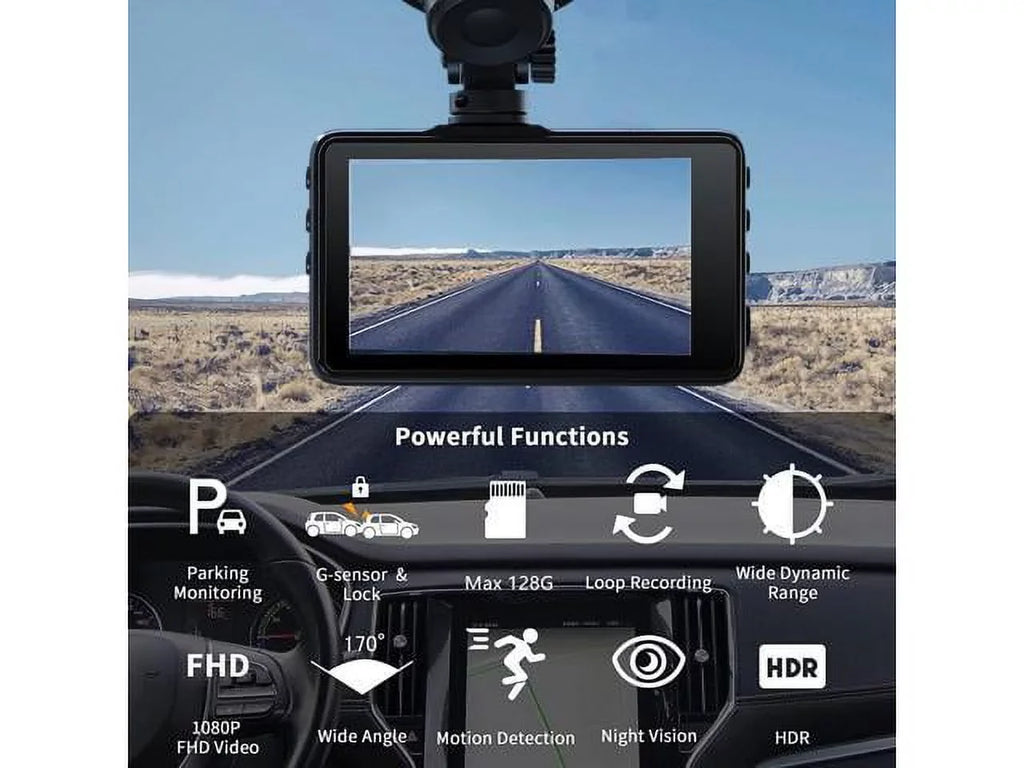 Dash Cam 1080P Full , 2 Mounting Options, On-Dashboard Camera Video Recorder Dashcam for Cars with 3"  Display, Night Vision, , Motion Detection, Parking Mode, G-Sensor, 170° Wide Angle
