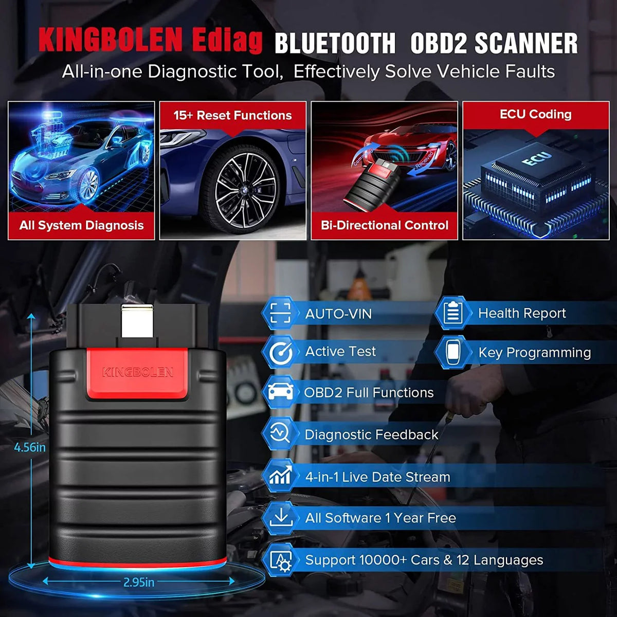 Ediag OBD2 Scanner Bluetooth for iPhone & Android, All Systems Bidirectional Diagnostic Tool with  Coding, 15+ Reset Functions, All Software 1 Year Free